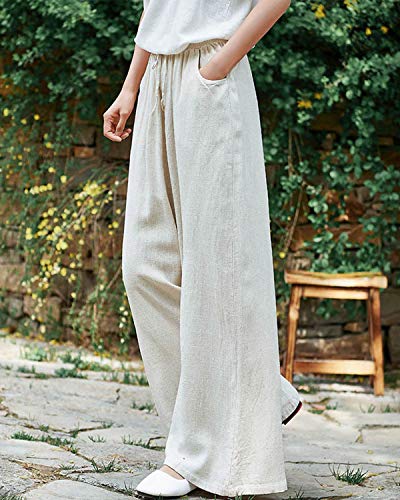 IXIMO Women's Cotton Linen Wide Leg Pants Casual Drawstring Lounge Palazzo Loose Trousers4