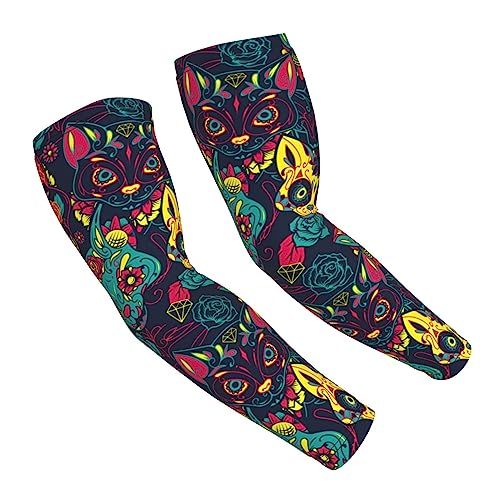 MZERSE Fashion Cooling Sun Sleeves UV Protection Arm Sleeves Compatible With Day Of The Dead Halloween Sugar Cat Skull Arm Cover Sleeve, Non Slip Arm Sleeves for Men Women