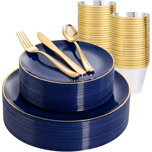WDF 150pcs Blue plastic Plates - Navy Blue Plates Disposable 25guest Disposable Dinnerware Sets for Party/Wedding/Birthday