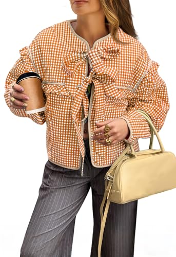 Tankaneo Womens Plaid Quilted Jackets Tie Front Lightweight