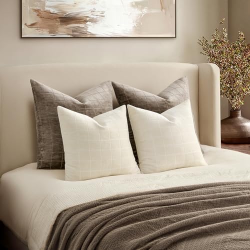 Image of MIULEE Cream Plaid Decorative Throw Pillow Covers 20x20 Set of 2 | Vintage Check Chenille Couch Pillows Neutral Boho Farmhouse Cushion Covers Modern Home Decor for Sofa Bed Living Room