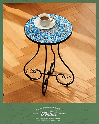 Vonluce Outdoor Side Table And Mosaic Plant Stand, 21" Round End Table With 14" Ceramic Tile Top For Patio Porch Decor, Indoor & Outdoor Accent Table, Small Coffee Table For Home Garden, Blue Mandala #TOP2