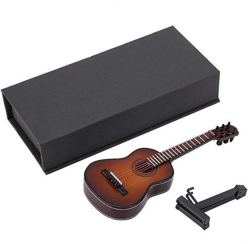 Miniatura 8 de Guitarra en miniatura de madera con soporte y estuche, mini instrumento musical en miniatura, modelo de casa de muñecas, adornos de regalo (5.5