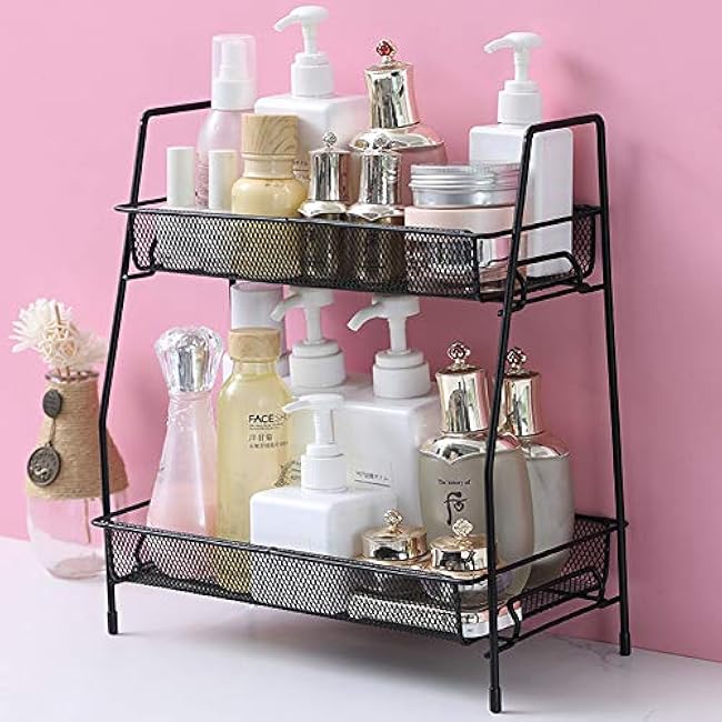 Spice Rack Organizer, 2-Tier Bathroom Shelf Organizer countertop, Kitchen Rack Organizer for Spice Can Sauce Jars Bottle (Black)