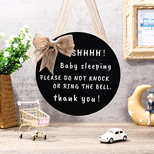 Yalikop Cute Bow Baby Sleeping Front Door Sign, Do Not Ring The Bell Do Not Disturb No Solicitation Sign Sleeping Baby Decorative Front Porch Sign For New Parent, 10 Inches, Round (Black) #TOP2