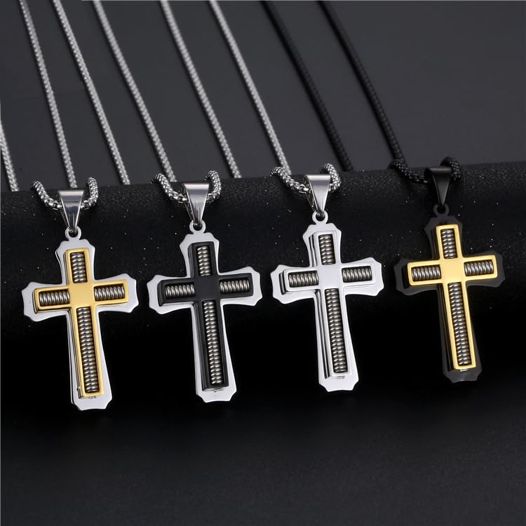 Men's Stainless Steel Large Jesus Christ Cross Pendant Necklace With Byzantine Chain 22 24 26 inch,Black/Gold/Silver2