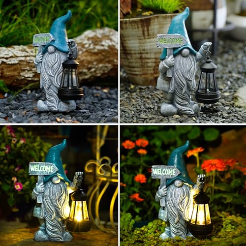 Fashionoda Welcome Gnome with Solar Lanten Decor for Yard Decorations - 10 Inch Gnome Statue Decor for Outdoor,Perfect Garden Gifts for Women,Mom