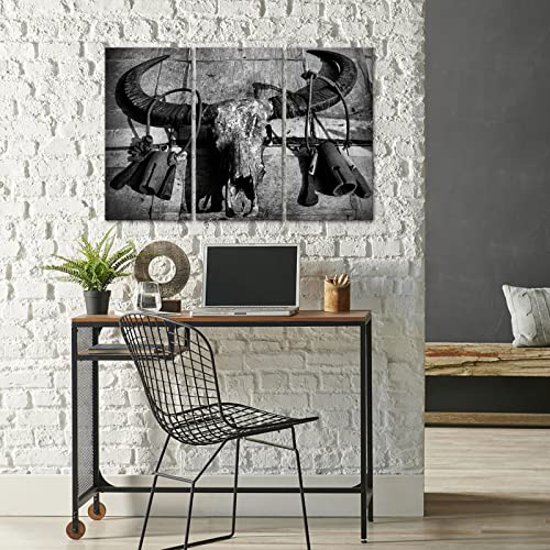 Fushvre - 3 Piece Western Art Wall Decor Buffalo Bull Cow Horn Skull Picture Prints On Canvas Black And White Animal Head Painting For Cowboys Bedroom Living Room Decorations Framed 12"X24" #TOP4
