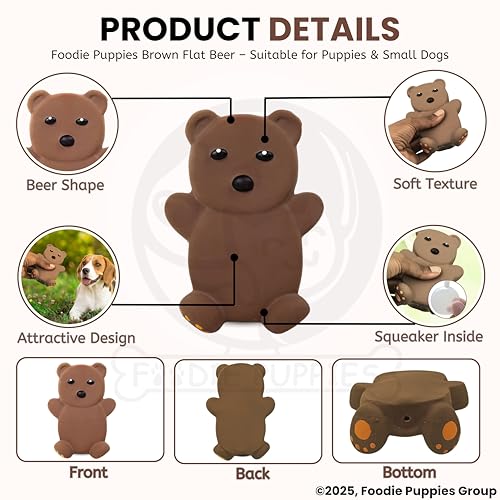 Image of Foodie Puppies Dog Squeaky Chew Latex Rubber Toy - (Brown Flat Beer) for Small Dogs & Puppies | Durable, Soft, Animal Design, Fetch & Chew Safe Play Toy | Reduce Separation Anxiety