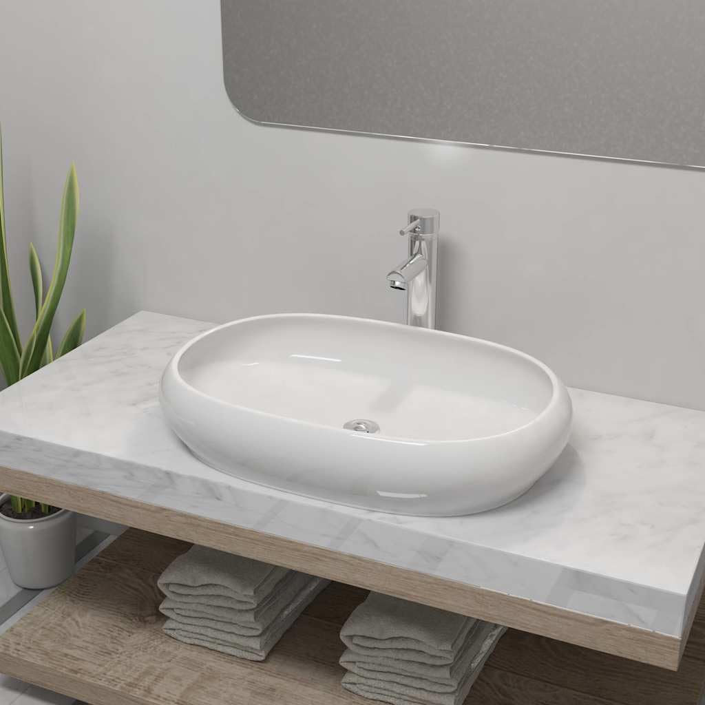 Lavabo de cerámica blanco 630 x 420 mm con grifo monomando cromado moderno para baño, invitados, inodoro y caravana