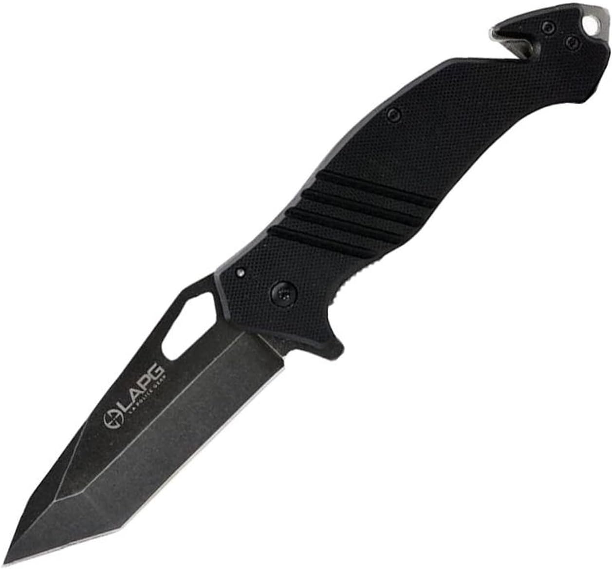 LA Police Gear LAPG EDC Folding Knife, Tactical Flipper Pocket Knife, Survival Knife With Seatbelt Cutter & Glass Breaker, Gun Metal Plain Tanto Blade/Black Handle