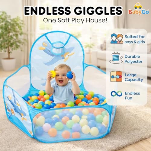 Image of BabyGo Kids Activity Basketball Aeroplane Ball Pool for Kids, Play Tent House for 2+ Year Old Girls and Boys, Ball Pit for Kid, Spacious, Lightweight, Portable & Easy to Set Up (Blue) (No Balls)