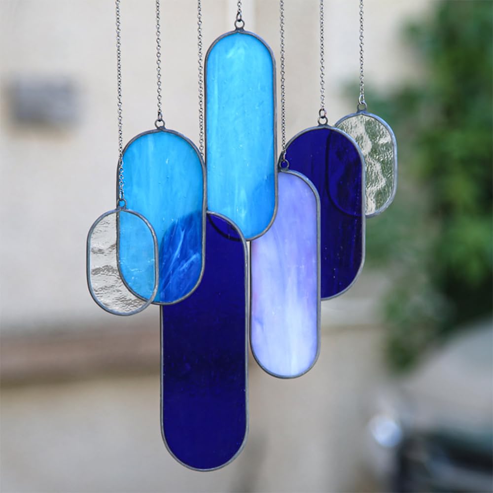 Stained Glass Suncatchers Window Hanging Wall Art Element Earth Tones Decor Modern Design Stained Glass Panels for Home Indoor Outdoor Garden Ornament(Blue)