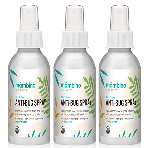 Anti-Bug Spray DEET-Free – Organic, All-Natural Bug Spray Travel Size with Essential Oils – Non-Toxic, Reef Safe, Face-Safe Bug Repellent for Babies, Kids, Adults by Mambino Organics, 2.7oz 3-Pack