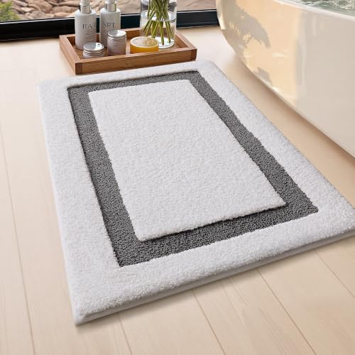 Image of Color&Geometry Mini White Bathroom Rugs 24x16, Extra Soft Absorbent Microfiber Bath Rug, Non-Slip Bathroom mat, Washable Plush Bath Mats for Bathroom, Shower, Bathtub, Laundry, Small, White Gray