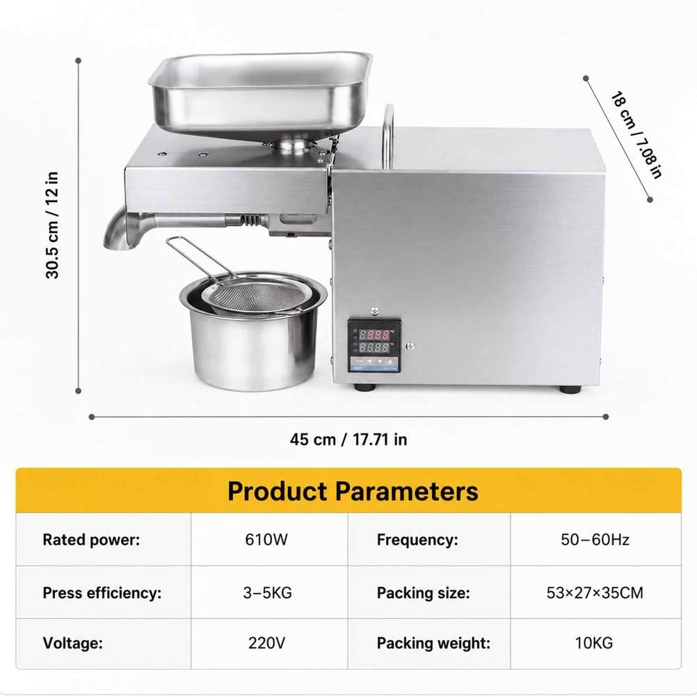 Ölpresse Maschine für Zuhause, Elektrische Ölpresse mit Kaltpressfunktion, Samenölpresse & Ölhersteller für Erdnuss Sesam Soja Nüsse, Edelstahl Küchengerät für Speiseöl
