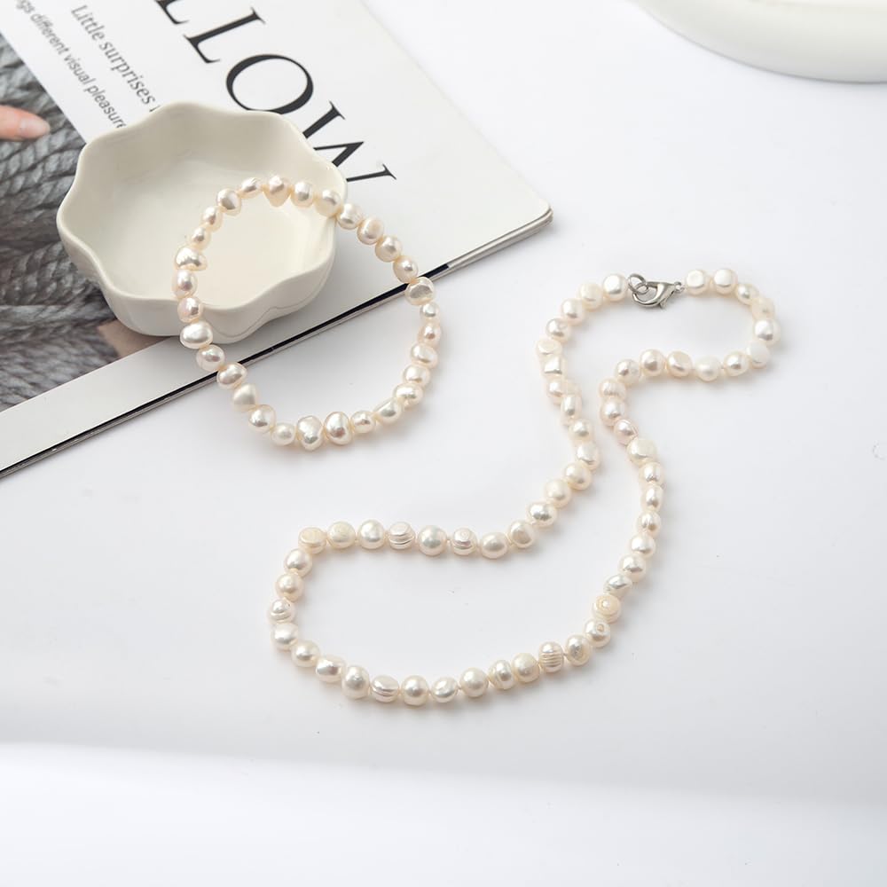 TreasureBay - Elegante set di collana di perle d'acqua dolce naturali bianche