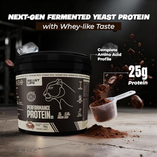 Image of BeastLife Performance Yeast Protein Powder | 25g Protein | Cold Coffee |NABL Lab Certified | High Absorption for Muscle Growth |Smooth & Light, Easy to Digest with Ultrasorb Tech|5.64g BCAA | Best For Gut | Beta Glucan | Improves Immune Function | 6 Kg
