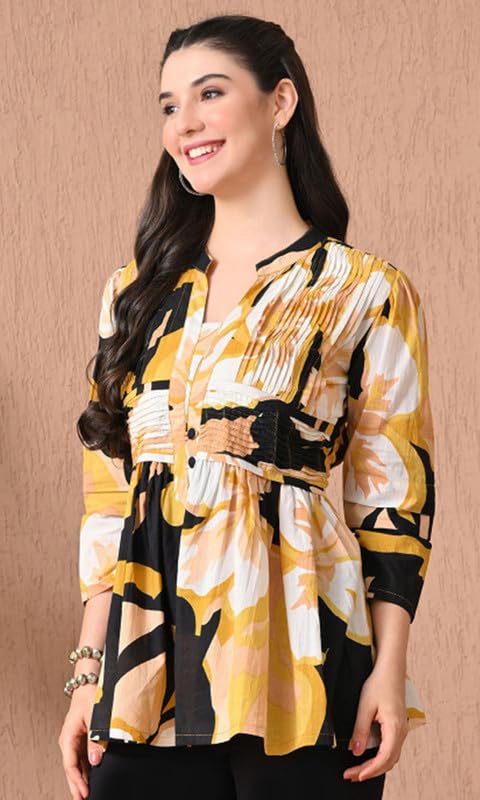 Image of Sun Fashion And Lifestyle Women's Cotton Printed Top Abstract Print Pleated Yoke Tunic Casual Regular Fit Shirt for Office (KT67 Yellow)