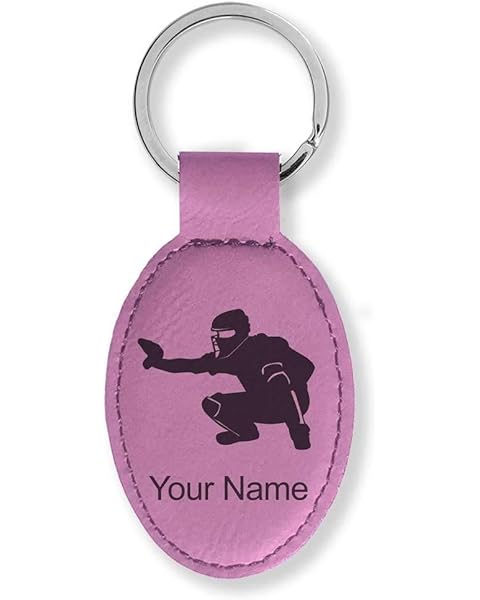 LaserGram Oval Keychain, Baseball Catcher, Personalized Engraving Included