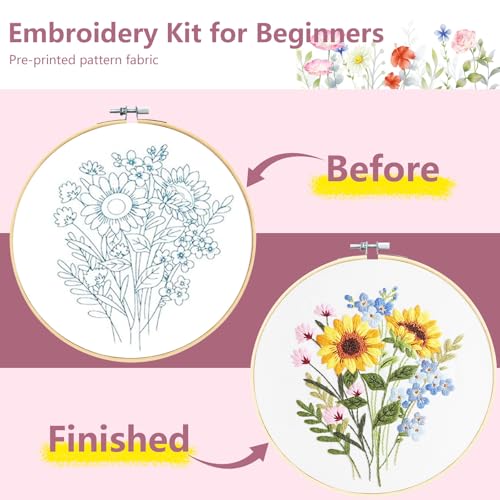 Image of 4 Pack Embroidery Kit for Beginners,Adults DIY Starter Kit,Cross Stitching Kits with Flower Stamped Patterns,Hoop,Tools,Colorful Threads with Needles,Step by Step Instructions,Hand Craft Lover Gift