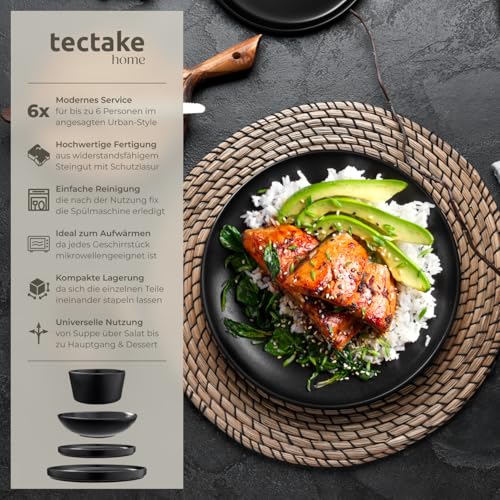 tectake® 24-tlg. Geschirrset, Tafelservice 6 Personen, Steingut Geschirr Set schwarz, Teller Set mit Schalen, Speiseteller, Frühstücksteller, tiefe Teller und Schüsseln - schwarz