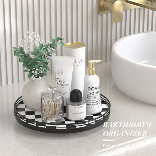Image of Black and White Kitchen Lazy Susan Turntable - Round Checkered Decorative Tray, 12 inch Table Top Oak Wood Lazy Susan for Cookies, Dining Table Organizer, Small Kitchen Table Centerpiece