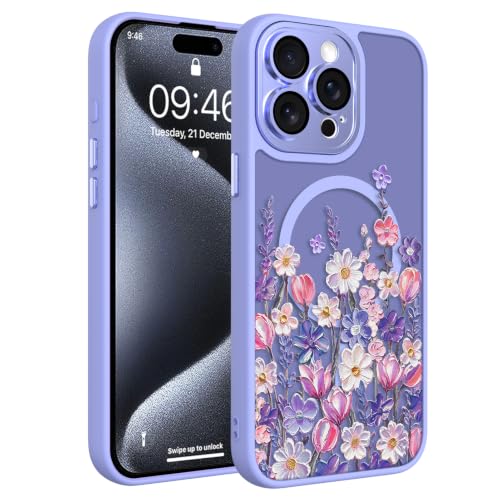 Image of Magnetic for iPhone 15 Pro Max Case with for Women, Purple Floral | Cute Oil Painting Flower Pattern Design [Compatible with MagSafe] [Full Camera Protection] Translucent Slim Shockproof Cover
