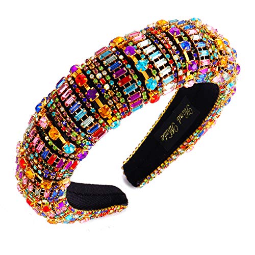 Rhinestone Headband for Women Statement Diamond Padded Wide Velvet Hair Hoops Handmade Crystal Hairband Hair Accessories for Party Wedding Evening (Colorful A)