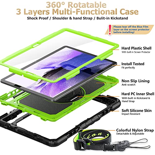 Image of SEYMAC Stock Case for Samsung Galaxy Tab S8 Plus 12.4 inch / S7 FE / S7 Plus 12.4 inch with Screen Protector, Pencil Holder, 360 Rotating Hand Strap & Stand, Drop-Proof, Green /Black