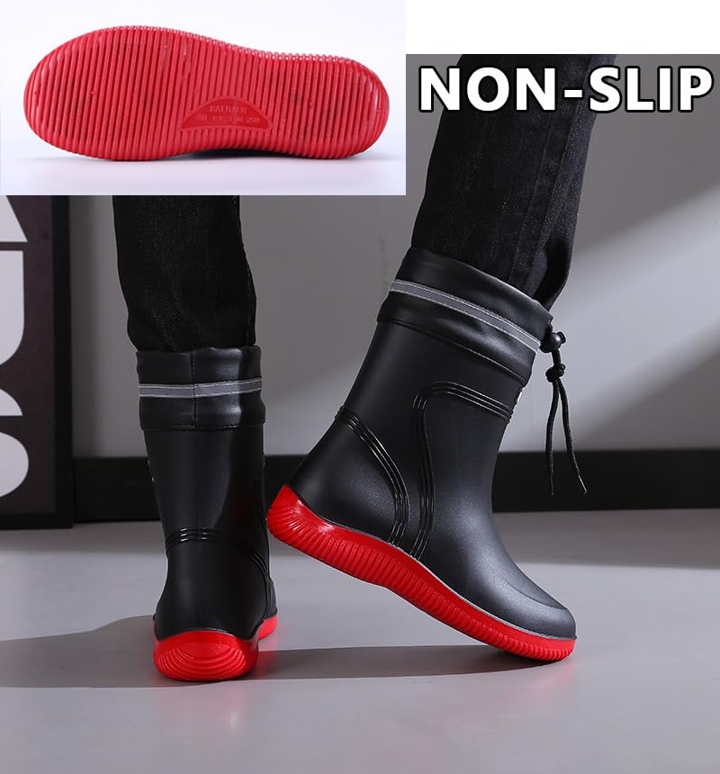 Men Wellington Boots Outdoor Garden Waterproof Ankle Rain Shoes Red 6.5 US3