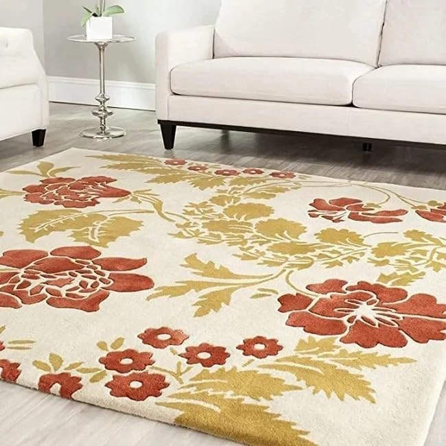 10x14 Ft Hand Tufted Wool Area Rug, Floral Cream Red & Olive Design, Premium Handmade Carpet for Living Room, Bedroom & Home Décor