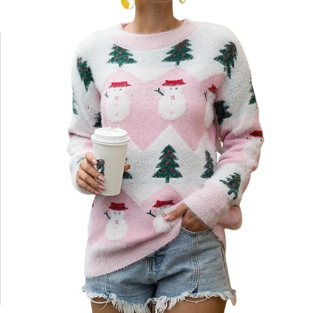 Womens Funny Ugly Christmas Knitted Sweaters Snowman Christmas Tree Graphic Pullover Tops Crewneck Knit Sweater