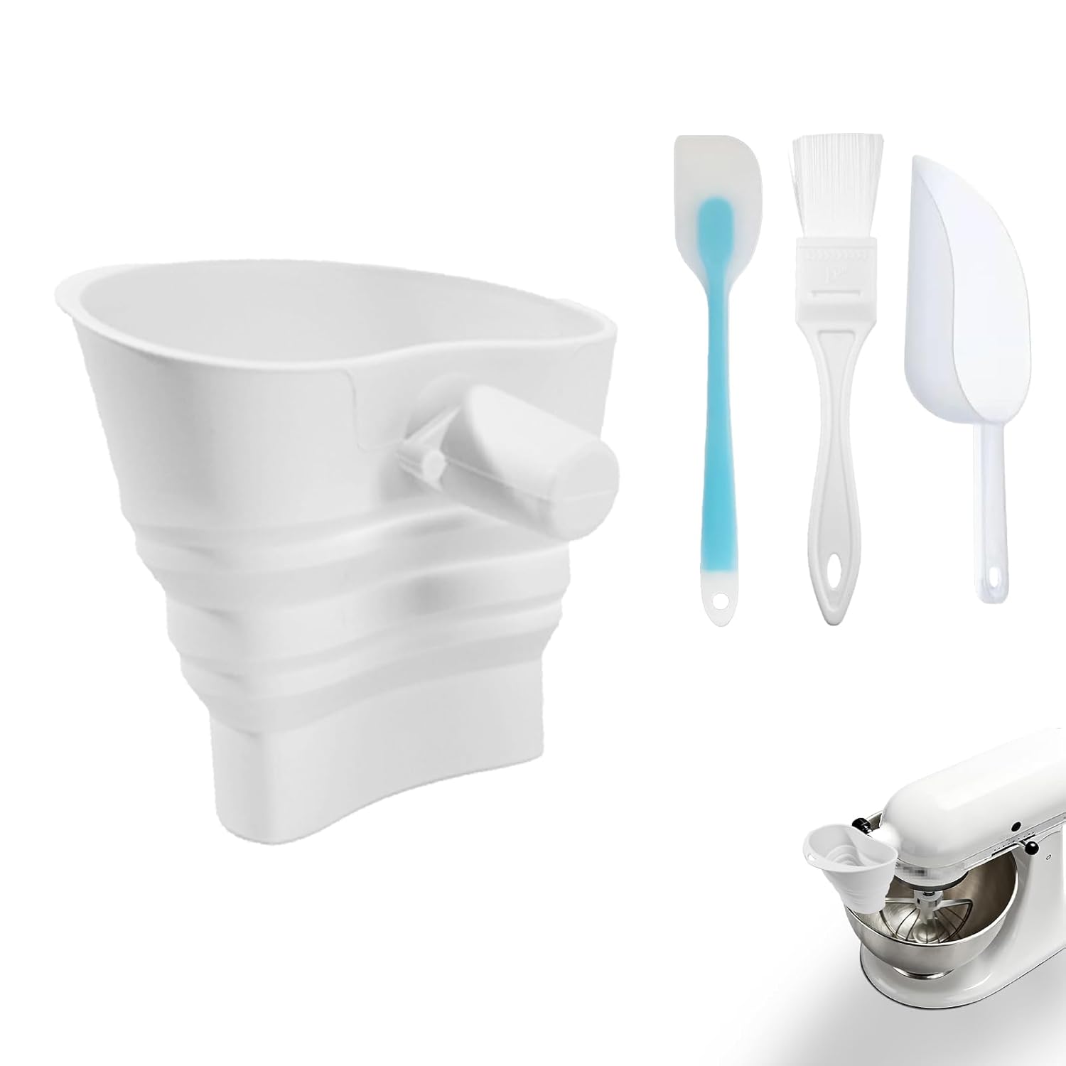 Foldable Flour Funnel Set for KitchenAid Stand Mixer – Silicone Leak – Proof Stand Mixer Attachment Set Includes Baking Brush, Spoon, and Scraper. The Brush, Spoon, and Scraper are Used for Baking.