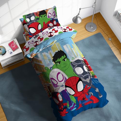 Image of Sunny Side Up Marvel Spidey & His Amazing Friends Twin Comforter Set - 5 Piece Kids Bedding Includes Comforter, Sheets & Pillow Cover - Super Soft Superheroes Microfiber Bed Set