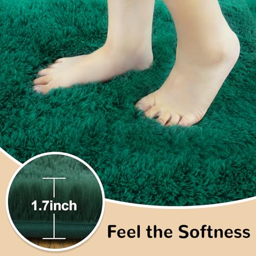 2x3 Rugs for Bedroom, Fluffy Dark Green Area Rugs for Living Room, Soft Shag Kids Rug Small Carpet with 4 Non-Slip Rug Pads (2ft x 3ft, Dark Green)
