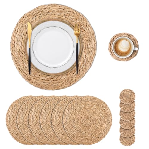 Round Woven Placemats Set of 6 12 Inch with 6 Coasters 4 Inch Boho Natural Handmade...