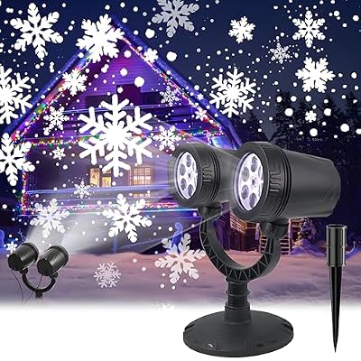 Christmas Double Head Snowflake Projector Light, Outdoor LED Christmas Lights IP65 Waterproof, Rotating Snowflake Lights for Christmas Holiday Party Decoration