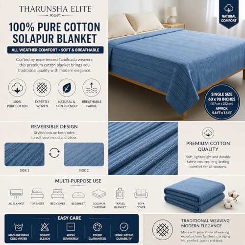 Image of THARUNSHA ELITE 100% Natural Pure Cotton All Weather Blanket /Solapur Bedsheet /Top Sheet /AC Comforter Elegant Design- Single Size 60 inches x 90 inches Set of 1 (Blue)