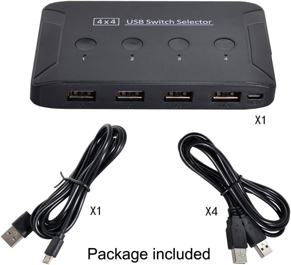 xiwai KVM USB 2.0 Switch Selector 4 Port PCs Sharing 4 Devices for Keyboard Mouse Scanner Printer