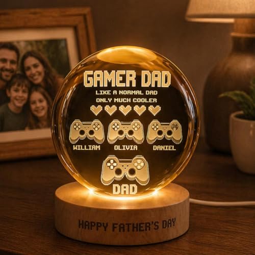 Image of Personalized Gamer Dad Crystal Ball Night Light, Custom Fathers Day Gift for Dad, Gaming Room Decor, Kids Names Keepsake Lamp, Custom Fathers Day Gift