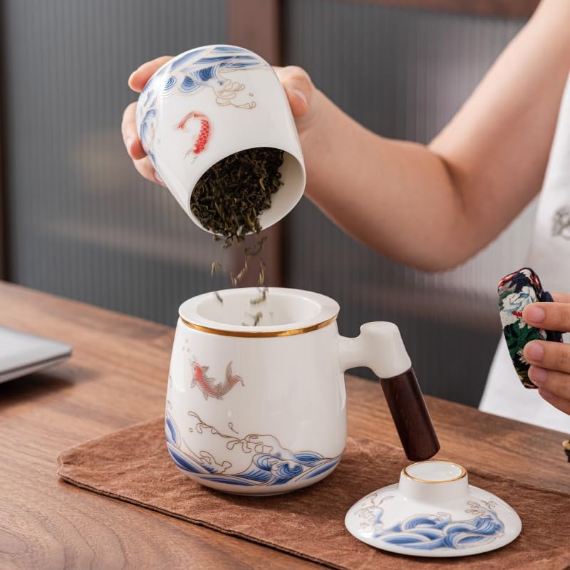 Tasse à thé Tasse en céramique avec couvercle et filtre de séparation du thé, tasse à thé en jade d'agneau for usage domestique Récipient de trempage