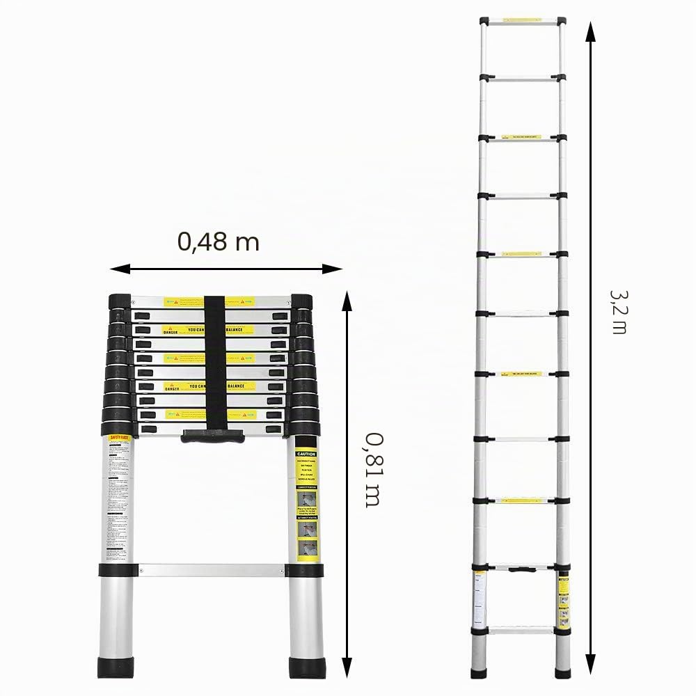 Échelle télescopique en aluminium - 3,2 m - Portable - Échelle télescopique en aluminium - Antidérapante - Multifonction - Charge maximale de 150 kg - Pour jardin, intérieur et extérieur