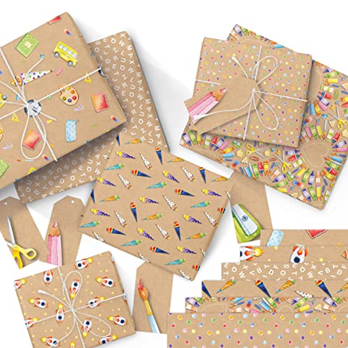 Papierdrachen 6 Bögen Geschenkpapier zur Einschulung | 60x40cm - verschiedene Designs hochwertig auf 100g/m Papier - Kraftpapier - Verpackung zum Schulstart - Set 1