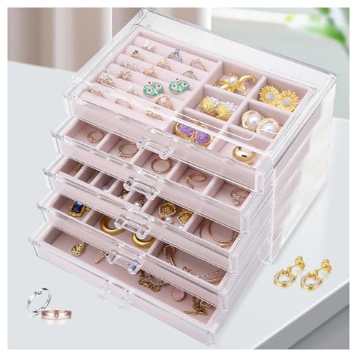 LEICHTEN Jewelry Boxes & Organizers with 5 Drawers,Acrylic Clear Jewelry Earring Necklace Holder Organizers and Storage with Velvet Trays,Jewelry Boxes for Women?Girls,Pink