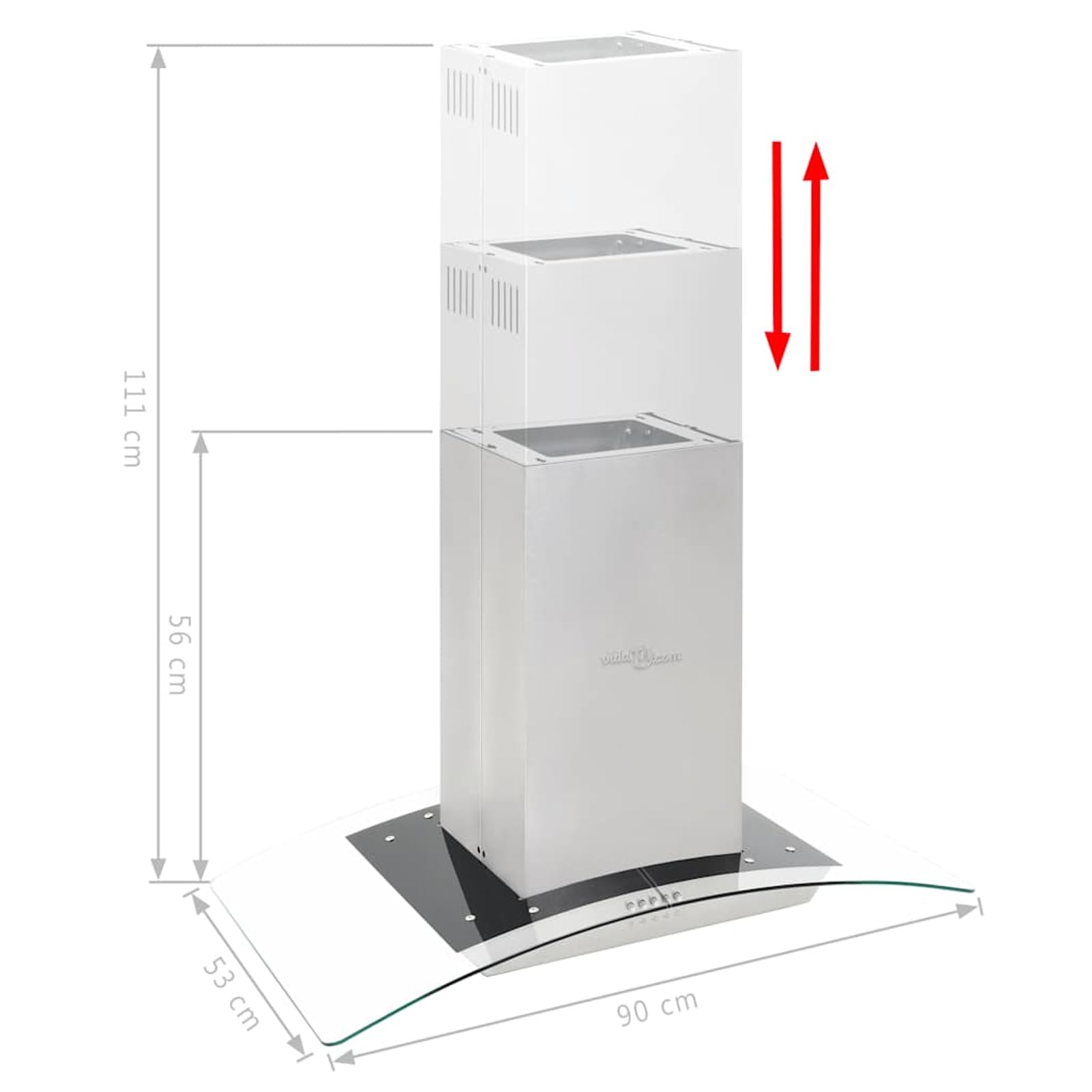 Campana Extractora de Cocina, 3 Velocidades, LED, Filtros de Grasa y Carbón, Acero Inoxidable, Vidrio Templado, 90x53x(56-111) cm, para Cocinas con Isla Modelo DYEEG-MN-50664ES