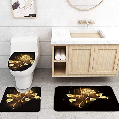 ZDDWLDL 4Pcs Duschvorhänge Set Mit Rutschfesten Teppichen,Toilettendeckel und Badematte Schwarze Goldene Rosenblüte… – Bild 4