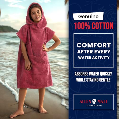 Image of ALLEN & MATE 100% Cotton Kids Hooded Surf Poncho Changing Robe, Quick Absorbent Wearable Swim Towel Boys & Girls, 6-13 Years