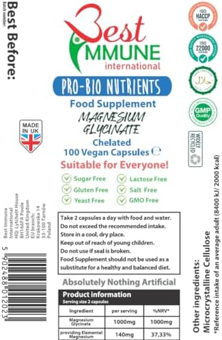 Best Immune Glicinato de magnesio 500 mg Fuerza ideal 100 cápsula...