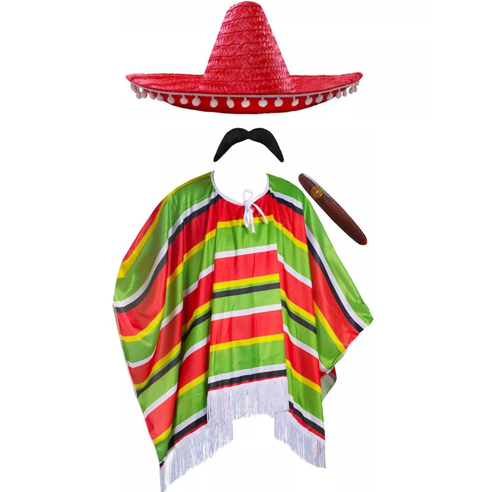 MEXICAN MULTI COLOURED PONCHO + RED SOMBRERO WITH POM POM EDGING + MEXICAN STYLE TASH AND CIGAR PERFECT FOR ANY ADULTS FANCY DRESS PARTY FOR MEN OR WOMEN